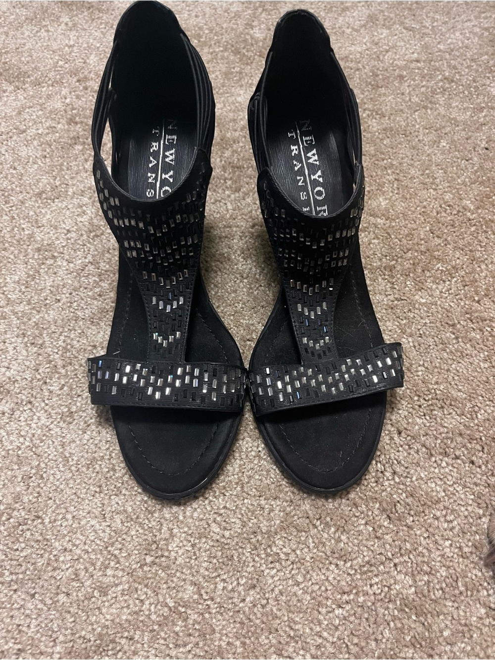New York Transit Black T-Strap Embellished Sandals
